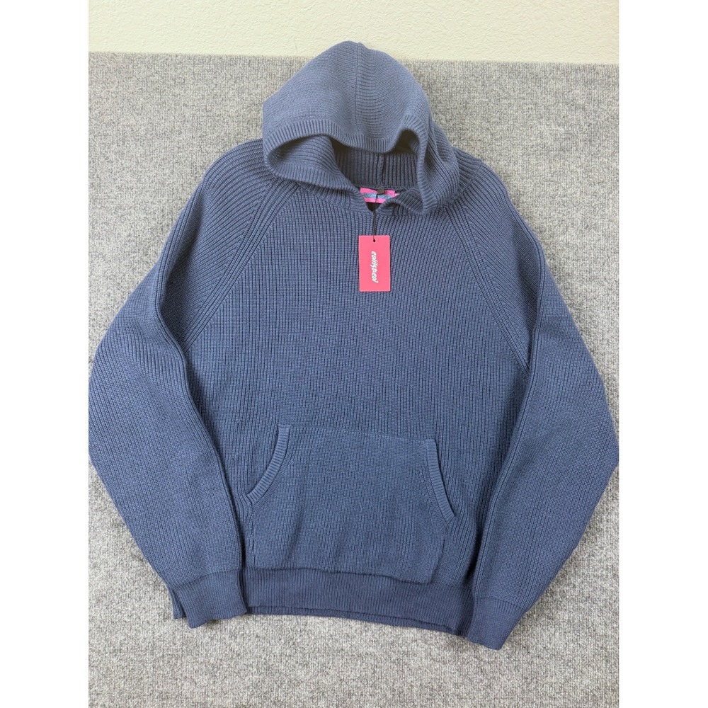 Edikted Blue Ribbed Knit Hoodie Sweater Raglan Sleeve Womens Large NWT w/ flaws